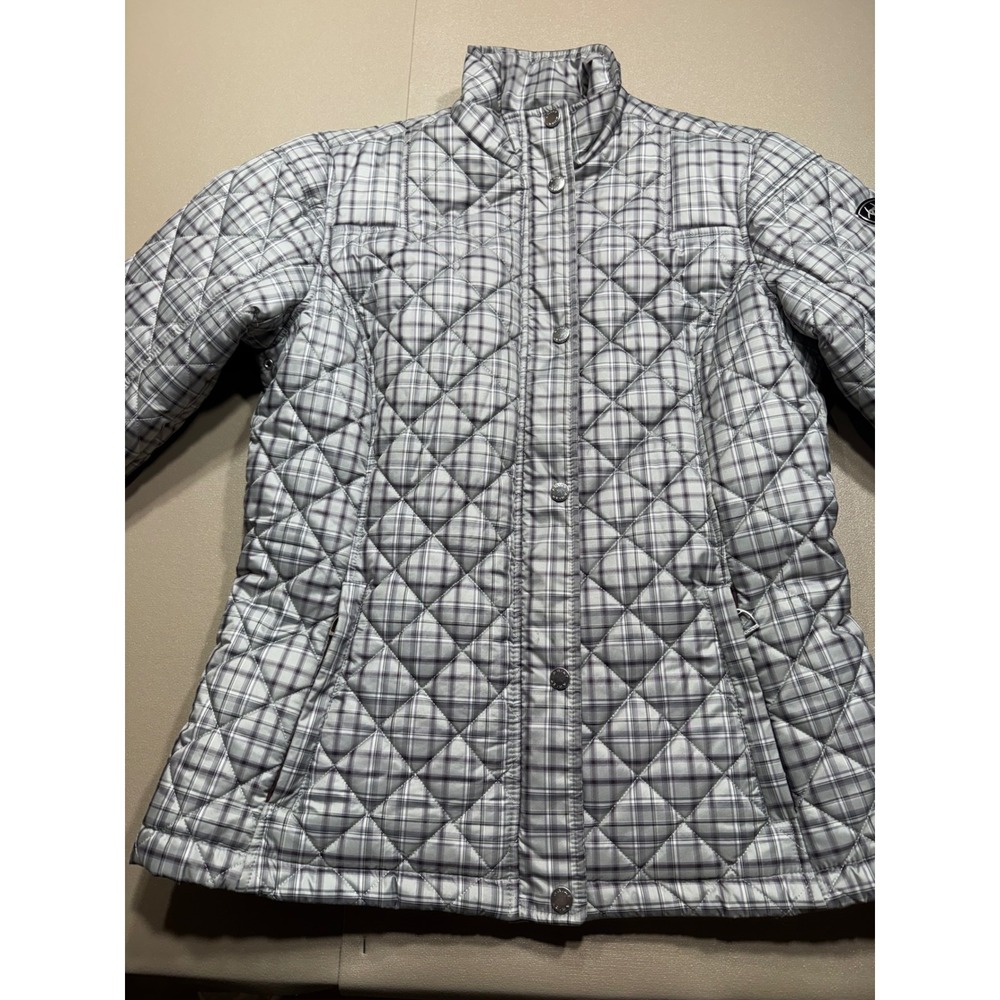 Ariat Womens Quilted Plaid Jacket Grey Purple Equestrian Mock Neck  *runs small